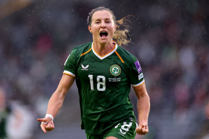 Ireland's Kyra Carusa celebrates scoring her side’s first goal of the game. Photograph: Ben Brady/Inpho