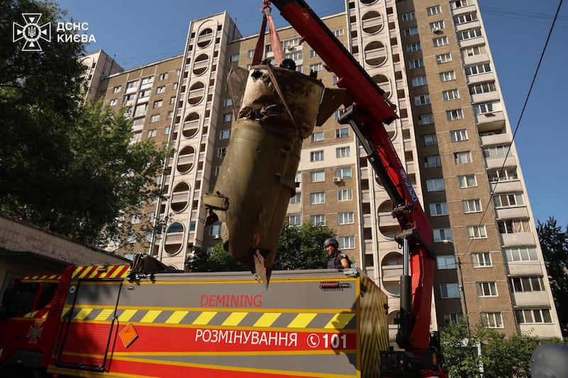 Part of a Russian missile is removed following an air attack in Kyiv, Ukraine, on Sunday. Photograph: Ukrainian Emergency Service via AP