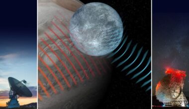 Composite image displaying the NASA Goldstone Solar System Radar sending radar signals to Europa, which are collected by the U.S. National Science Foundation Green Bank Telescope. (Credit: NSF/AUI/NSF NRAO/P.Vosteen)