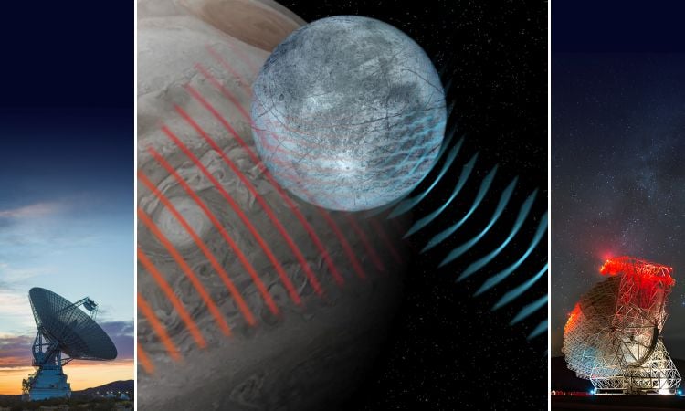 Composite image displaying the NASA Goldstone Solar System Radar sending radar signals to Europa, which are collected by the U.S. National Science Foundation Green Bank Telescope. (Credit: NSF/AUI/NSF NRAO/P.Vosteen)