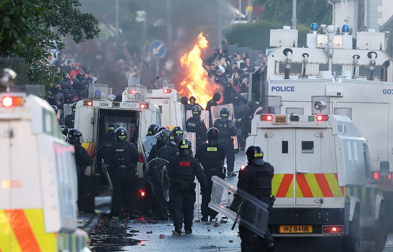 Protesters set fires during disorder on Antrim Road in Newtownabbey, north Belfast, on Wednesday. Photograph: Adam Vaughan/EPA