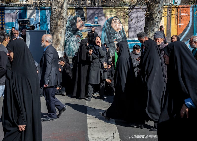 People at a rally to mourn the killing of Iran’s supreme leader, Ayatollah Ali Khamenei. Photograph: Arash Khamooshi/The New York Times      