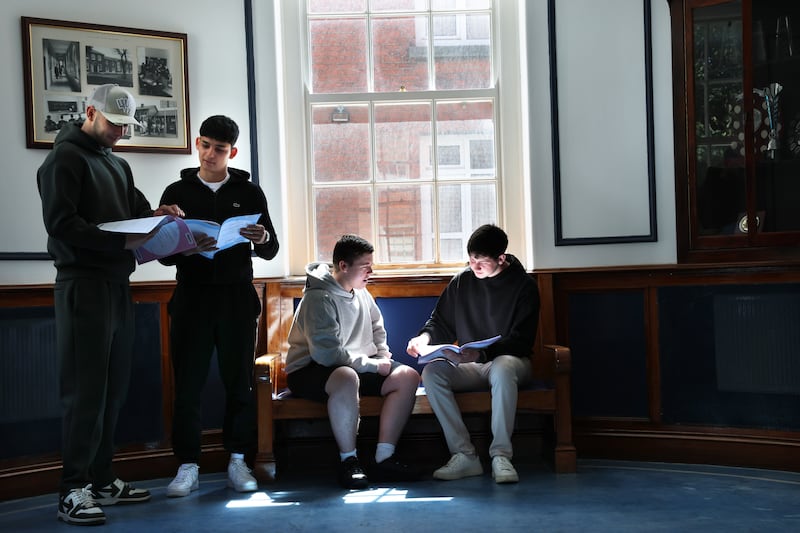 Leaving Certificate students Reuben Keogh, Yaroslav Berezan, (standing left) with Lucas Clarke and Alex Duffy, following Maths paper two at Marian College, Ballsbridge, Dublin.
Photograph: Dara Mac Dónaill 