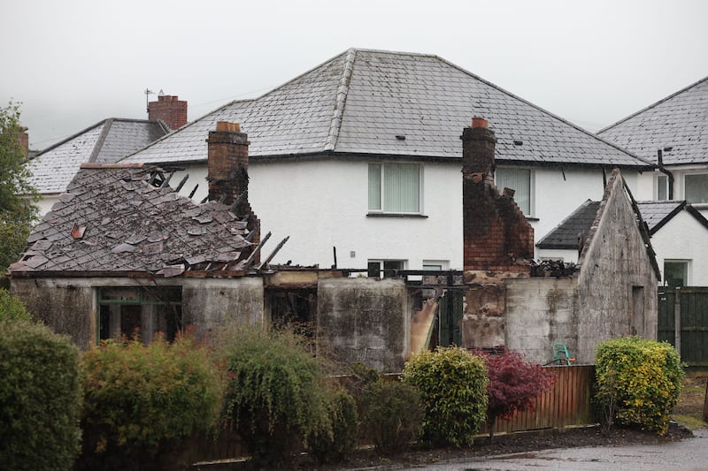 A burned-out house after a night of violent disorder on Antrim Road in Newtownabbey, Northern Ireland on Thursday. Photograph: Adam Vaughan/EPA