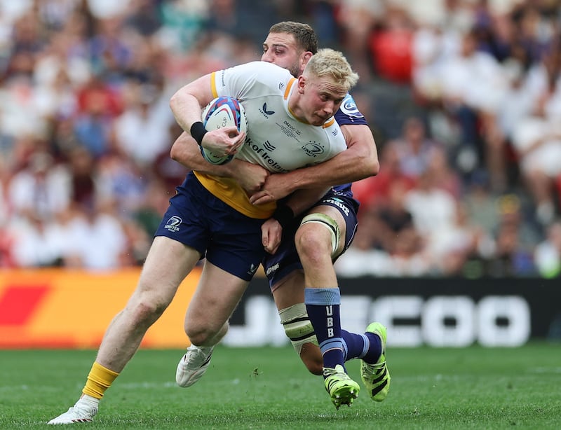 Leinster's Jamie Osborne is tackled by Pierre Bochaton of Bordeaux Bègles during the Champions Cup final at San Mames Stadium, Bilbao, on May 23rd. Photograph: James Crombie/Inpho