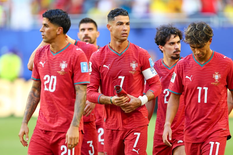Cristiano Ronaldo and other players from Portugal against Colombia. Photograph: Robert Cianflone/Getty Images