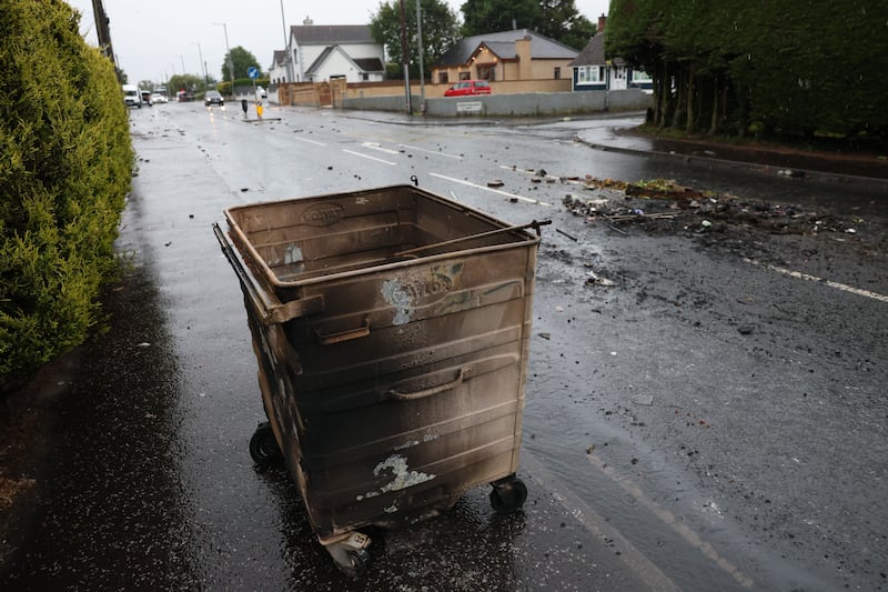 Debris on the street after a night of violent disorder on Antrim Road in Newtownabbey, Northern Ireland, on Thursday. Photograph: Adam Vaughan/EPA