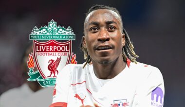 RB Leipzig star Yan Diomande next to the Liverpool badge