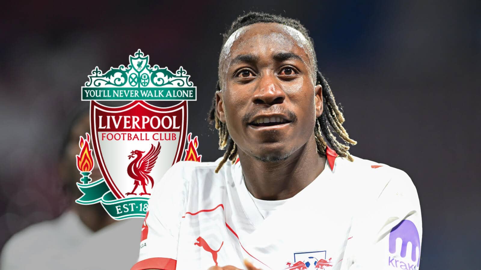 RB Leipzig star Yan Diomande next to the Liverpool badge