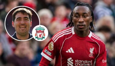 RB Leipzig winger Yan Diomande with a Liverpool shirt Photoshopped on him and with Andoni Iraola, inset, next to the Liverpool badge