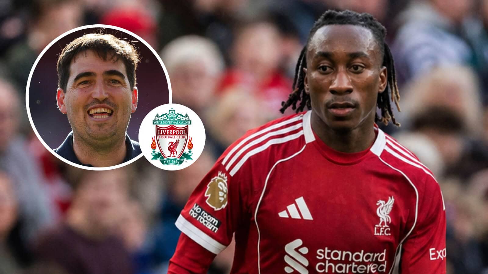 RB Leipzig winger Yan Diomande with a Liverpool shirt Photoshopped on him and with Andoni Iraola, inset, next to the Liverpool badge