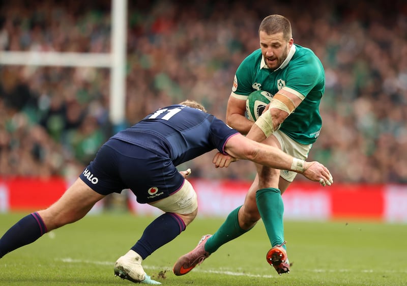 Ireland's Stuart McCloskey gets past Kyle Steyn of Scotland during the Six Nations match at the Aviva Stadium, Dublin, in March. Photograph: Liam McBurney/PA Wire