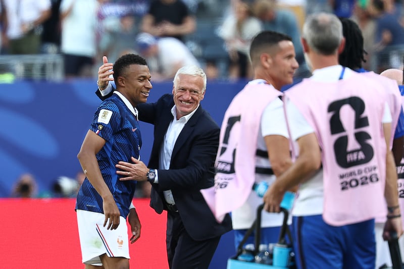 France head coach Didier Deschamps and Kylian Mbappé after his opening goal. Photograph: Franck Fife/AFP via Getty Images