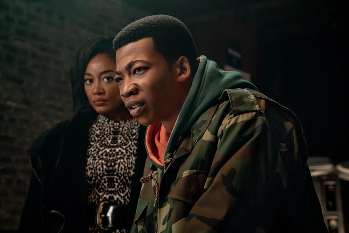 Raising Kanan 1 Patina Miller and Mekai Curtis in Power Book III: Raising Kanan season 4 looking tense