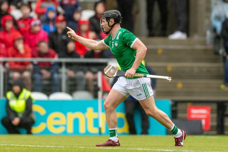 Limerick’s Peter Casey celebrates a late score against Cork. Photograph: Morgan Treacy/Inpho