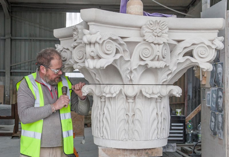 Four Courts restoration: Colin Grehan carves a new capital at Irish Natural Stone in Co Clare. Photograph: OPW
