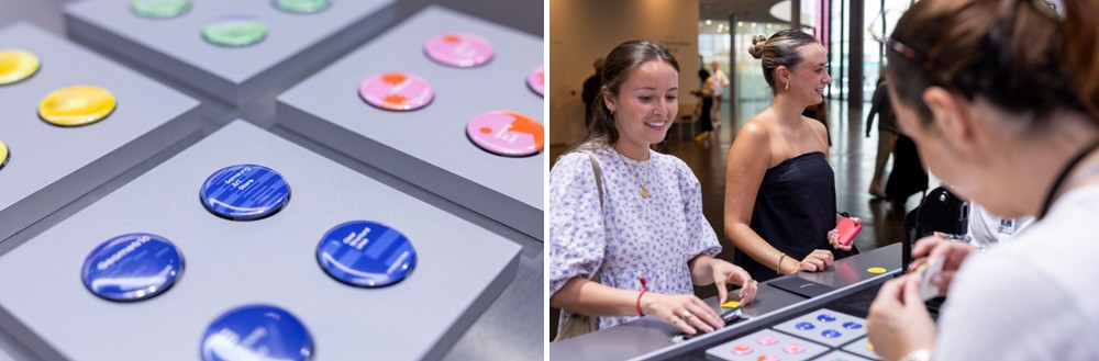 ▲ (From left) Custom badges showed each visitor’s art theme, turning their results into a keepsake from the experience.