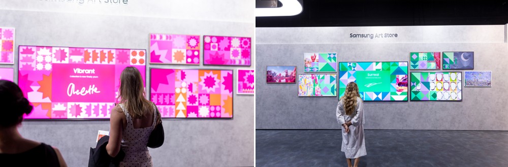 ▲ (From left) Visitors see their personalized art theme appear on Samsung Art TVs inside the lounge.