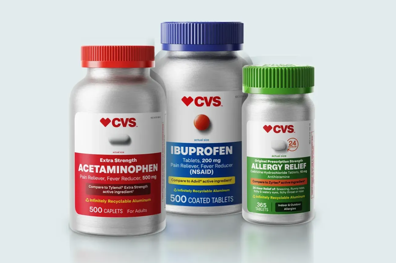 CVS will soon package several of its over-the-counter medications in aluminum bottles