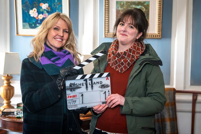 Ashley Jensen and Alison O’Donnell, Shetland season 11 Ashley Jensen and Alison O’Donnell with clapperboard on set of Shetland season 11