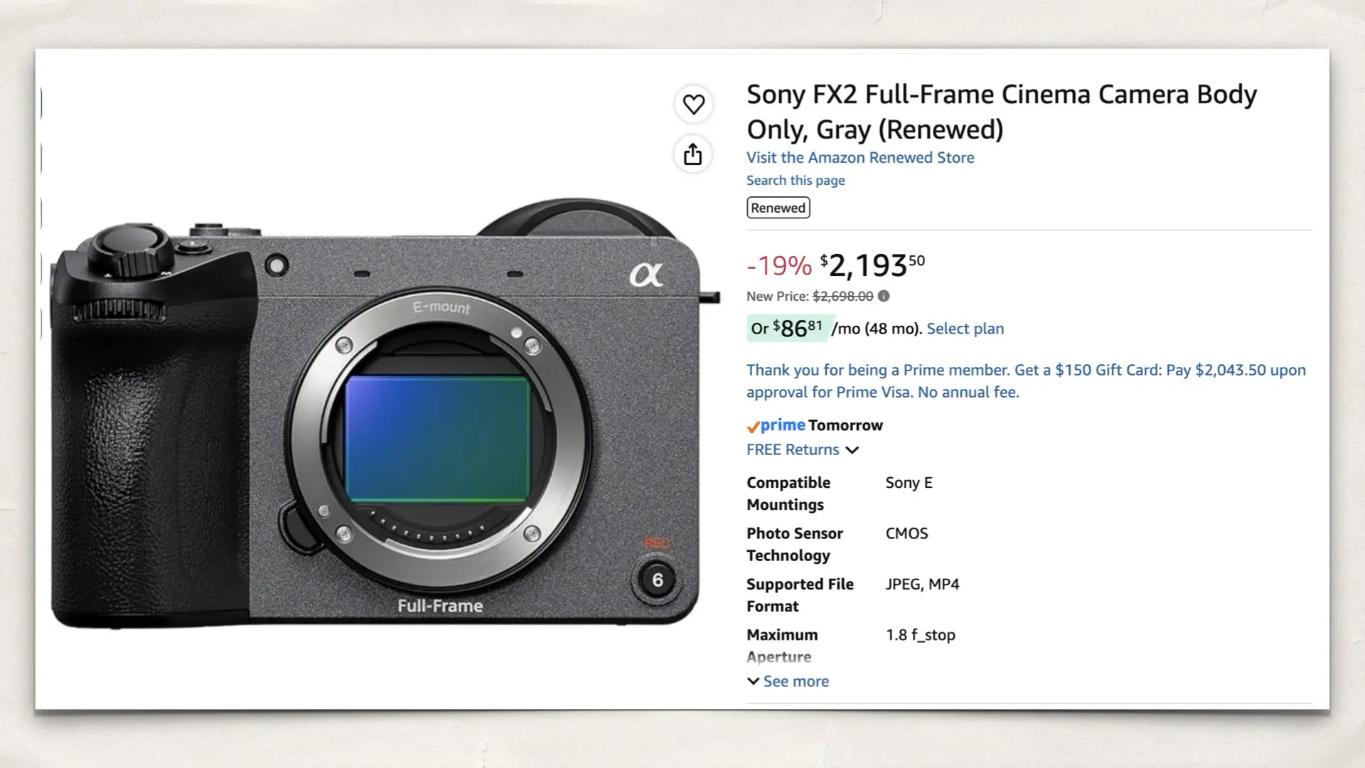 Sony FX2 Full-Frame Cinema Camera Body Only, Gray (Renewed)