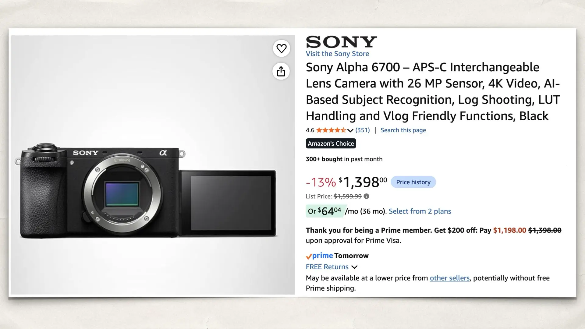 The Sony Alpha 6700 on Amazon