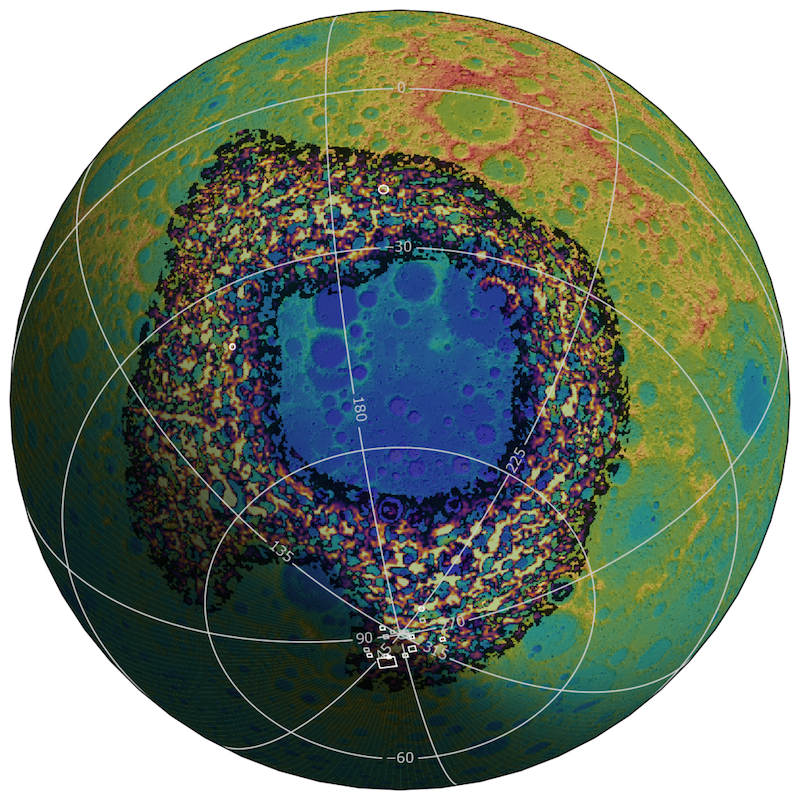 South Pole–Aitken basin: Globe of a planet with a large lop-sided blue area in the middle, surrounded by a wide field of large rubble.