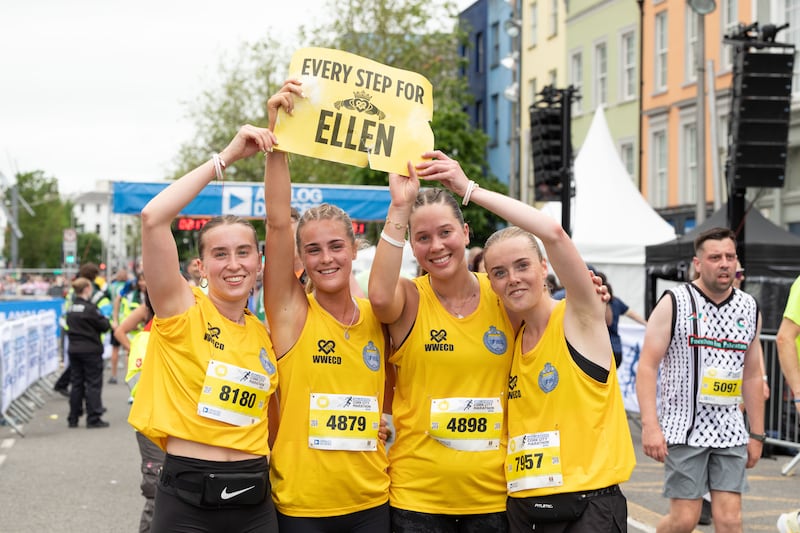 Friends of Ellen Cassidy: Amy Fitzpatrick, Rebecca Lowe, Isabelle Gibbs and Aoife Leahy after completing the half marathon in Cork city. Photograph: Darragh Kane