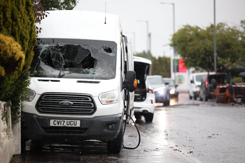 A damaged van after a night of violent disorder on Antrim Road in Newtownabbey, Northern Ireland, on Thursday. Photograph: Adam Vaughan/EPA