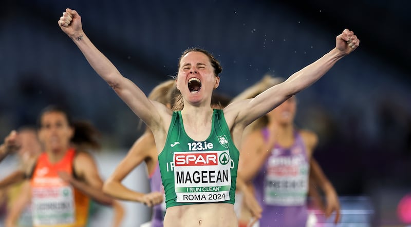 Ciara Mageean celebrates winning the 
women’s 1500m final at the 2024 European Athletics Championships, Stadio Olympico, Rome. Photograph: ©Inpho/Morgan Treacy