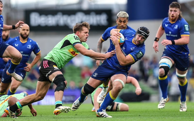 DHL Stormers' Daniel du Plessis tackles Leinster's Caelan Doris. Photograph: Ben Brady/Inpho