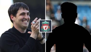Split image of Liverpool head coach Andoni Iraola and a shadow, with the Liverpool badge in between - copyright TEAMtalk