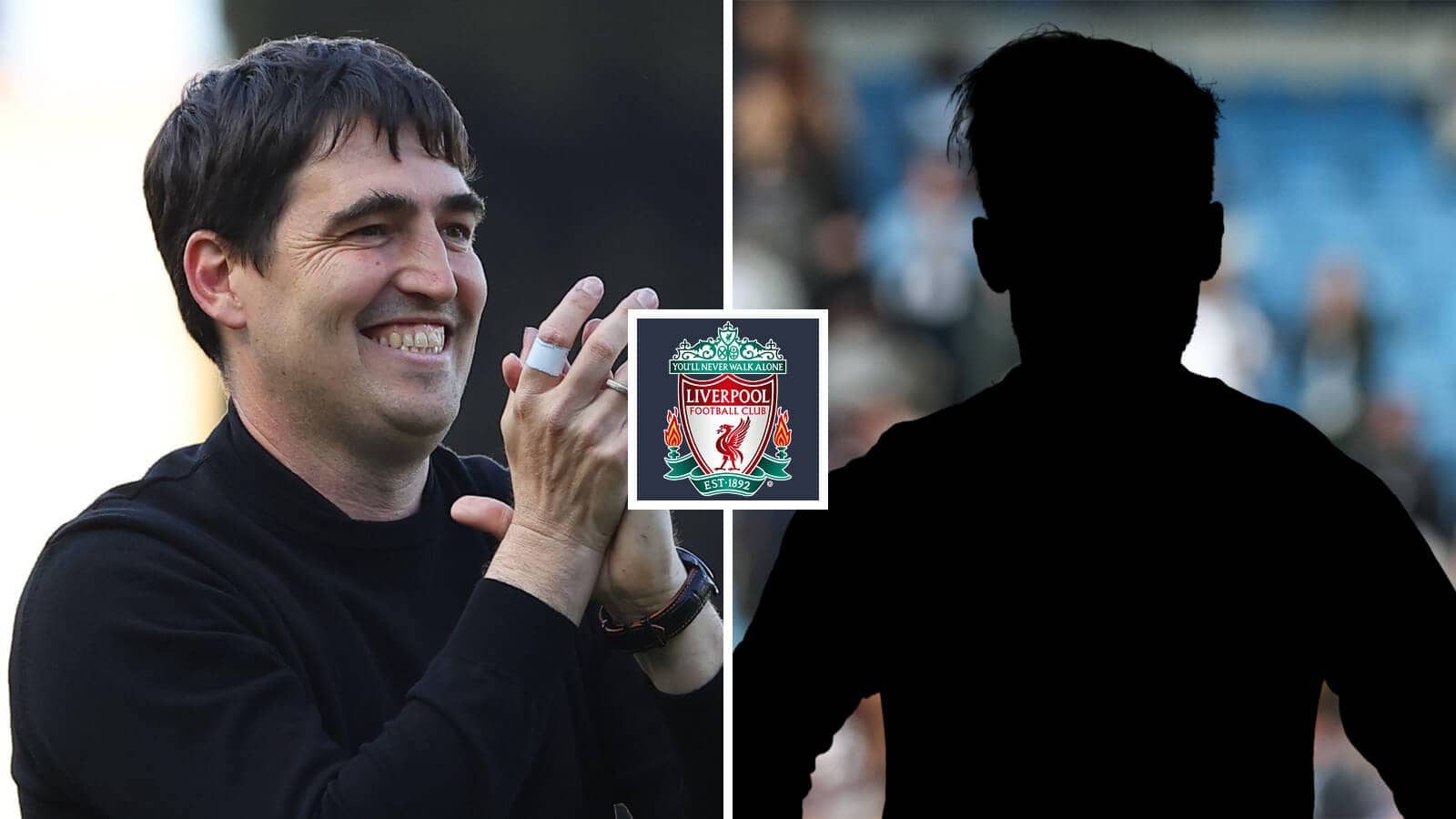 Split image of Liverpool head coach Andoni Iraola and a shadow, with the Liverpool badge in between - copyright TEAMtalk