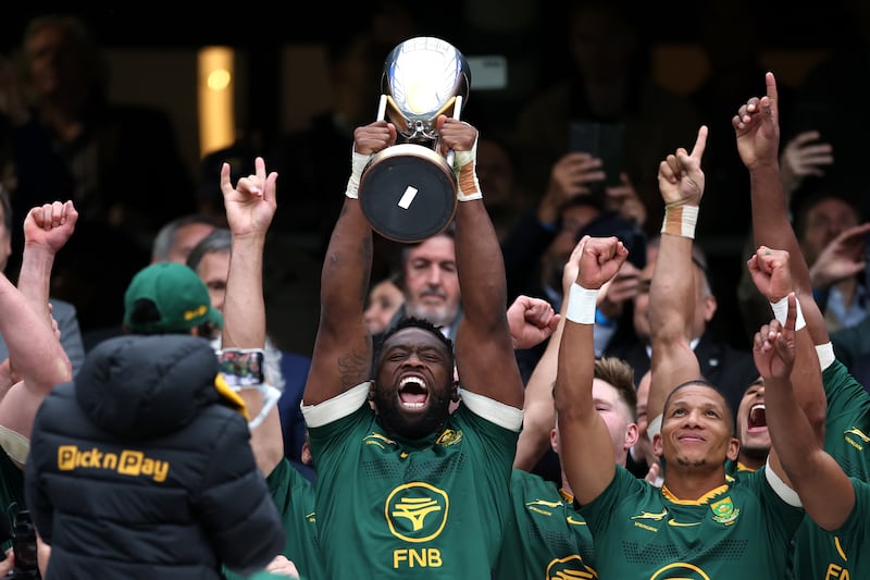 Siya Kolisi of South Africa lifts the Rugby Championship trophy following the match between South Africa and Argentina at Allianz Stadium, London, last October. Photograph: Ryan Pierse/Getty Images