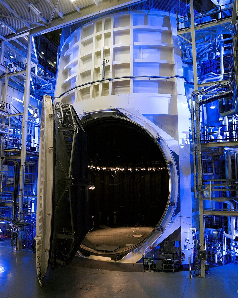 View of Thermal Vacuum Test Chamber A (with its door open) in Building 32 at NASA Johnson Space Center (Credit : NASA)