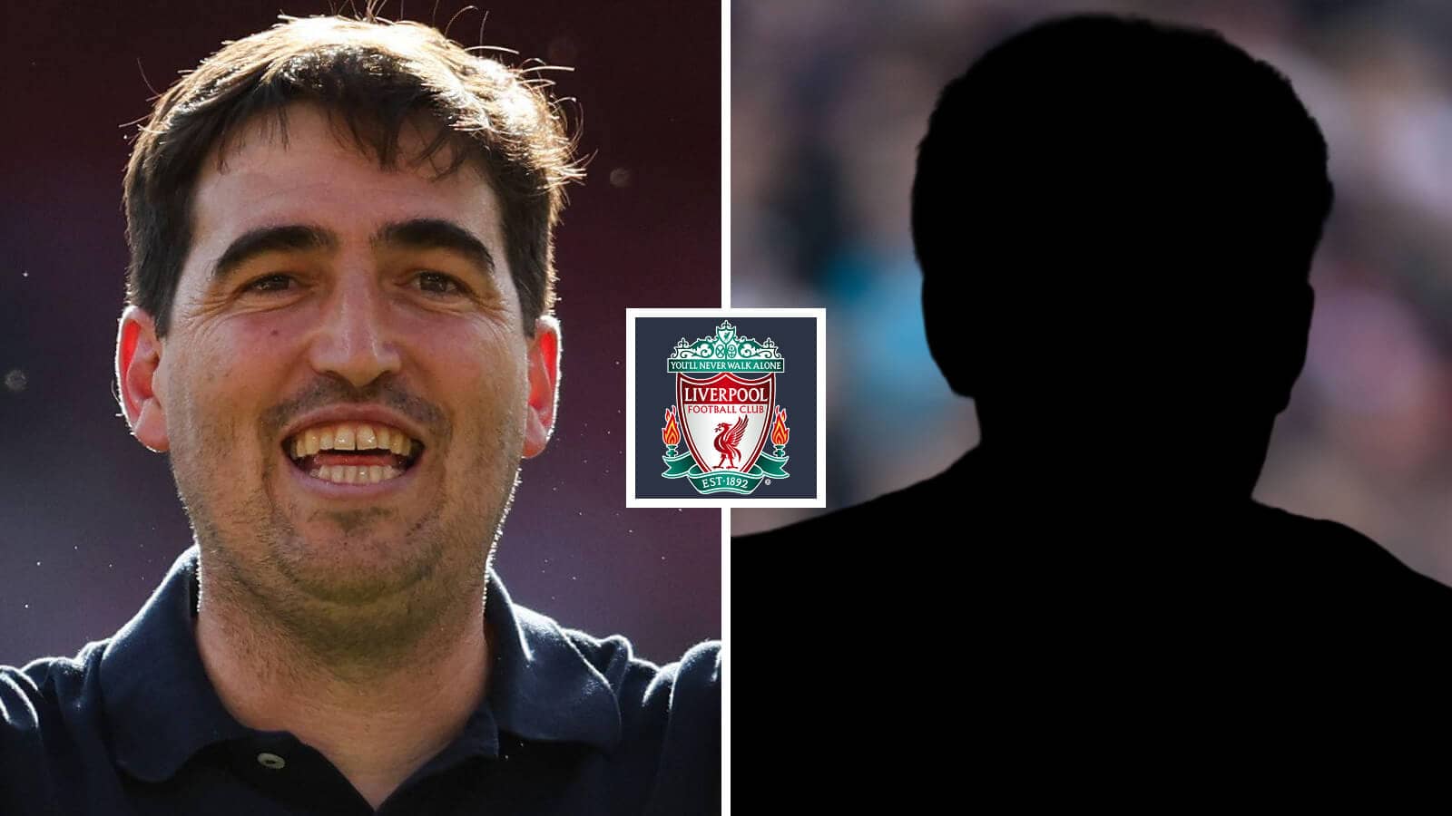 Split image of Liverpool manager Andoni Iraola and a shadow, with the Liverpool badge in between - copyright TEAMtalk