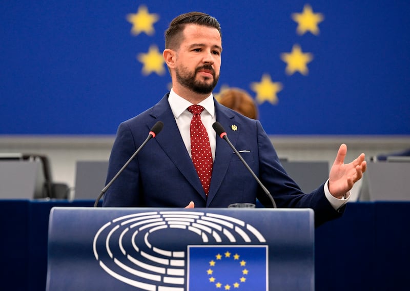 President of Montenegro, Jakov Milatovic, speaks during a plenary session at the European Parliament in Strasbourg, eastern France. Photograph: Jean-Christophe Verhaegen/AFP via Getty Images