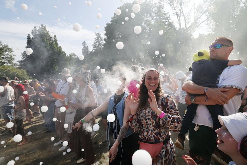 People enjoying a performance by Prymary Colours on the last day of the 2026 Beyond the Pale festival in Glendalough estate, Co Wicklow. Photograph: Alan Betson

