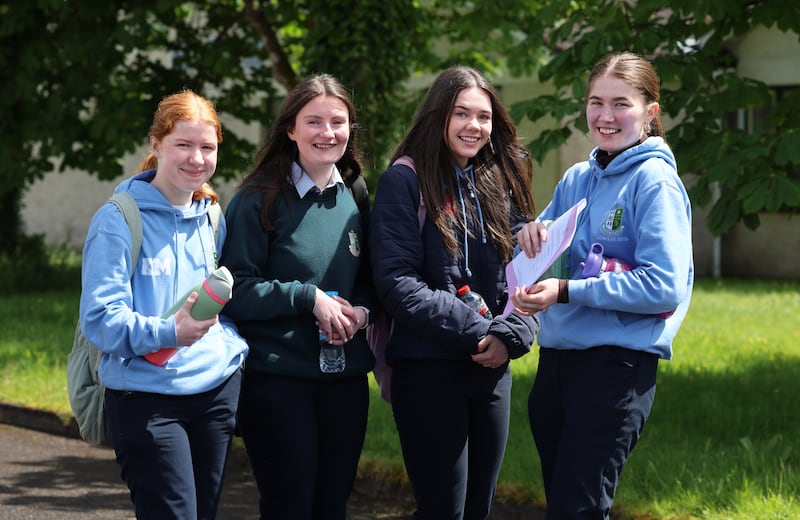 Leaving Certificate students Kate Molloy, Grace McDermott, Ellen Henry and Anna Mai Regan following Irish Paper two at St Nathys College, Ballaghaderreen, Co Roscommon.
Photograph: Dara Mac Dónaill 