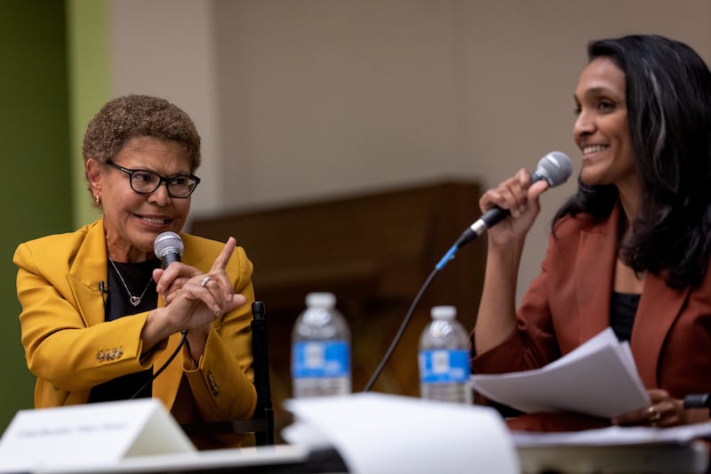 Los Angeles mayor Karen Bass (left) and mayoral candidate Nithya Raman at a forum in Sherman Oaks last month. Photograph: Eric Thayer / Los Angeles Times via Getty Images