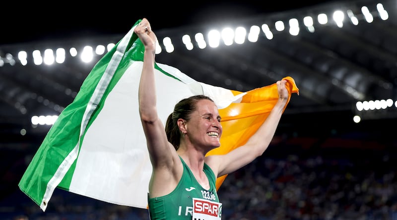 Ciara Mageean celebrates winning the women’s 1500m final at the 2024 European Athletics Championships, Stadio Olympico, Rome. Photograph: ©Inpho/Morgan Treacy