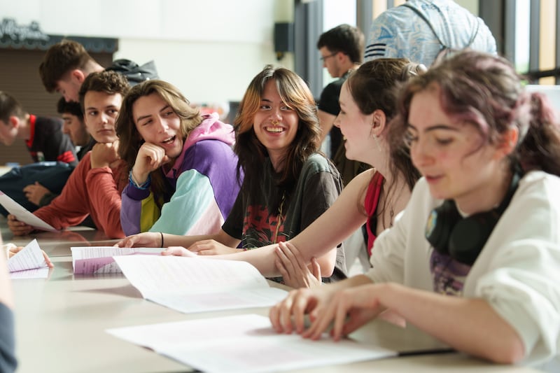 Tristan Beresford, Jasper Lavin, Meadhbh Malone and Julia Maher discuss how their  Leaving Cert English paper two went at Belmayne Educate Together Secondary School.  Photograph: Fran Veale