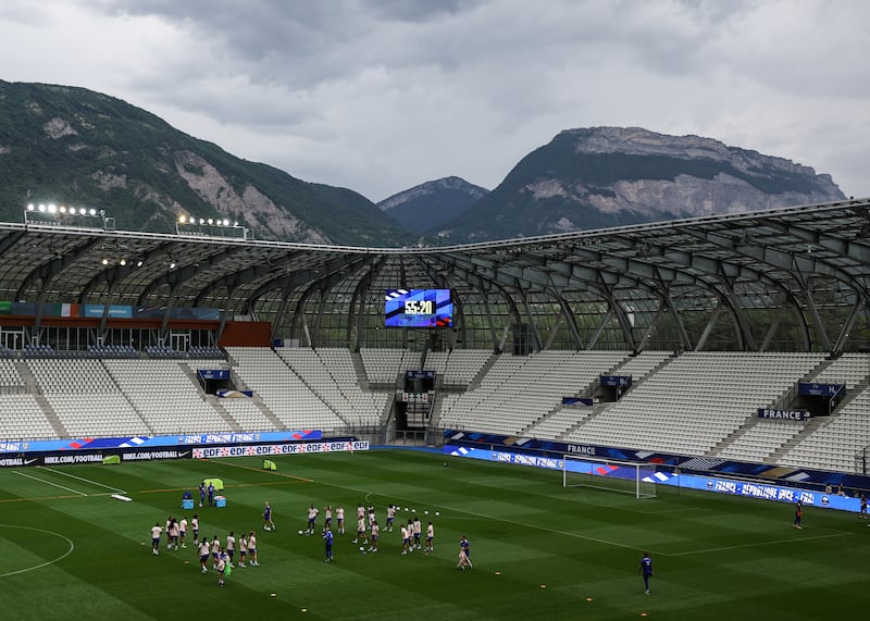 The France squad training at Stade des Alpes ahead of Tuesday's qualifier in Grenoble. Photograph: Ben Brady/Inpho