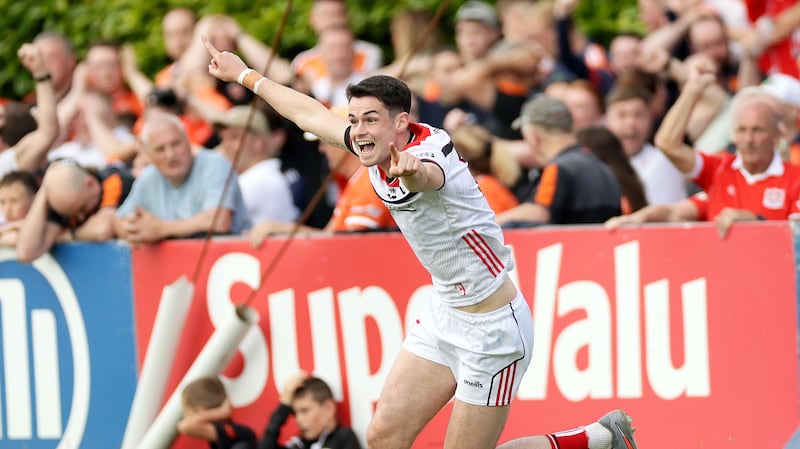 Louth's Conall McCaul celebrates after scoring. Photograph: Laszlo Geczo/Inpho