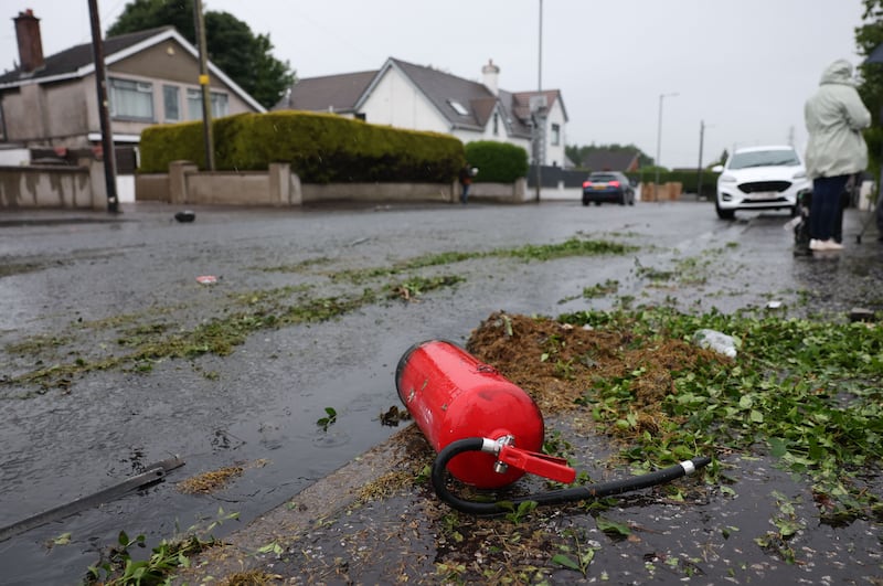 Debris on the road after a night of violent disorder on Antrim Road in Newtownabbey, Northern Ireland, on Thursday. Photograph: Adam Vaughan/EPA
