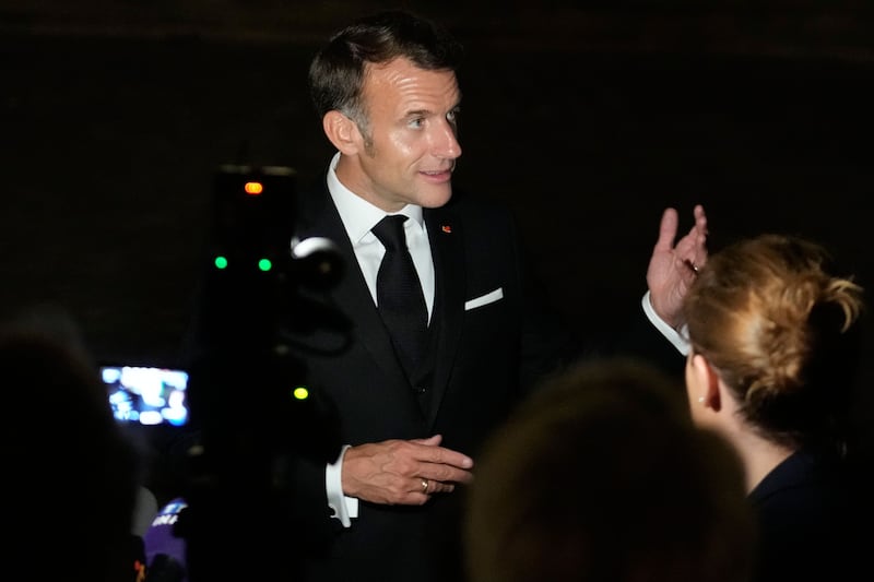 French president Emmanuel Macron speaks to the media after US president Donald Trump departs from the Palace of Versailles. Photograph: Michel Euler/EPA
