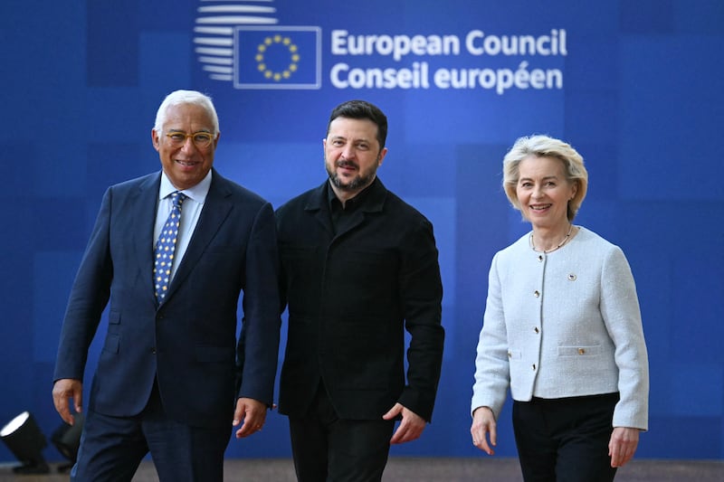 From left: European Council president António Costa, Ukraine's president Volodymyr Zelenskiy and European Commission president Ursula von der Leyen arrive to attend the EU Summit at the EU headquarters in Brussels on Thursday. Photograph: Nicolas Tucat/AFP via Getty