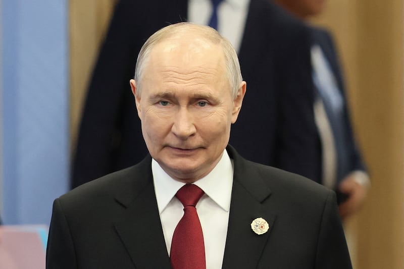Russian president Vladimir Putin arrives for a meeting with Laos' prime minister on the sidelines of the Russia-ASEAN summit in the city of Kazan on Thursday. Photograph: Anastasia Barashkova/Pool/AFP via Getty