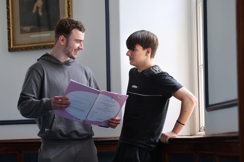 Leaving Certificate students Oisín Burke and Vlad Dumitre following Maths paper two at Marian College, Ballsbridge, Dublin.
Photograph: Dara Mac Dónaill