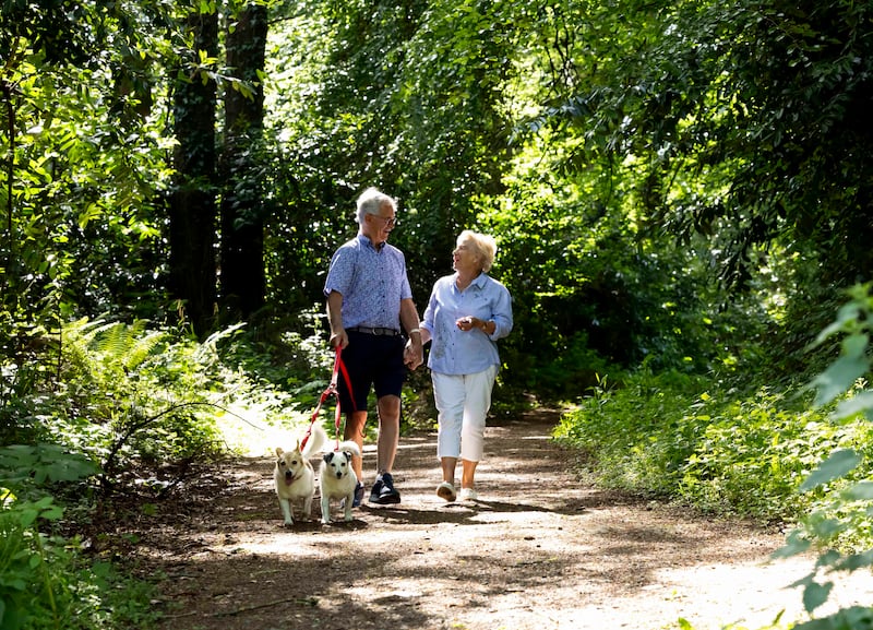 Rina and Brian Beechey with their dogs Tilly and Tuppence in Courtown woods, Co Wexford. Photo: Mary Browne